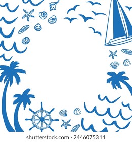 Marine sketch background card with seagulls, waves, palm trees, shells, yacht, steering wheel, hand drawn vector illustration. Backdrop template with Sea Voyage, nautical vacation, cruise travelling