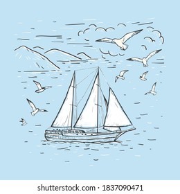 Marine sketch hand drawn vector sailboat, clouds, seagulls. Vintage sailing yacht on the sea on a blue background. Design for t-shirt, pillow print. Postcard, banner, cover and poster