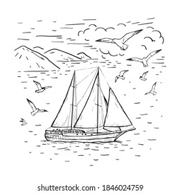 Marine sketch hand drawn vector sailboat, clouds, seagulls. Vintage sailing yacht on the sea. Black line isolated on white. Design for t-shirt print, postcard, poster, cover, engraving
