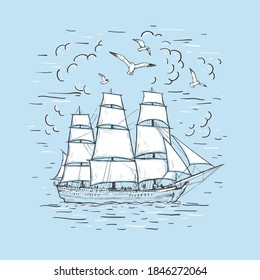 Marine sketch hand drawn vector sailboat, clouds, seagulls. Vintage frigate on the sea on a blue background. Useful for t-shirt print, poster, card, emblem, sign