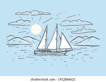 Marine sketch hand drawn vector sailboat, mountains, sea, clouds, sun. Vintage sailing yacht on the sea on a blue background. Design for t-shirt, pillow print. Postcard, banner, cover and poster