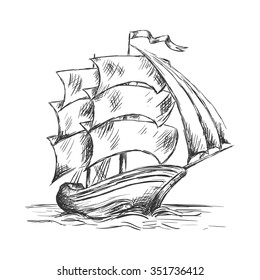 Marine sketch of old ship under full sails with flag on mast. Marine adventure or nautical theme design