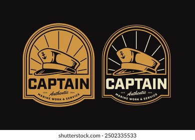 Gráfico del logotipo de la insignia del gorro del capitán o del capitán marino para la identidad de la marca de la compañía naviera de la marina. Colección de logotipo de emblema de gorra de marinero para la pasión náutica y la aventura. Logotipo retro del sombrero del capitán de barco de la marina