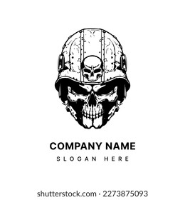marine skull head logo hand drawn black and white illustration