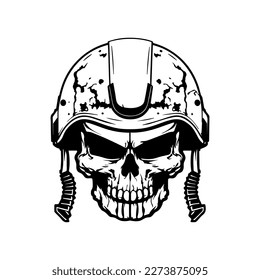 marine skull head logo hand drawn black and white illustration