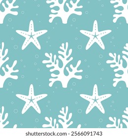 Marine soft blue pattern with white corals and starfish. 