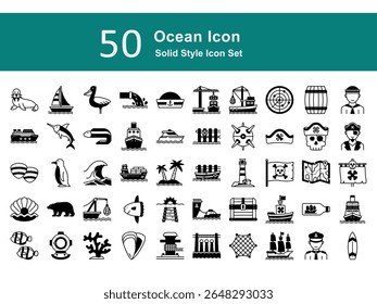 Marine Solid Icons Pack – Sea Animals, Boats, Diving, and Nautical Elements. Ocean Illustration Set