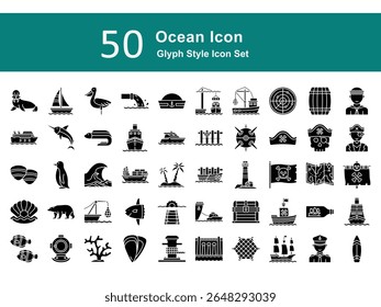 Marine Solid Icons Pack – Sea Animals, Boats, Diving, and Nautical Elements. Ocean Illustration Set