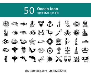 Marine Solid Icons Pack – Sea Animals, Boats, Diving, and Nautical Elements. Ocean Illustration Set