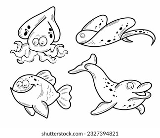 Marine species icons black white hand drawn cartoon sketch
