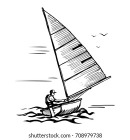  Marine sport sketch. Sailor manages a sailing yacht. Vector illustration on white background.