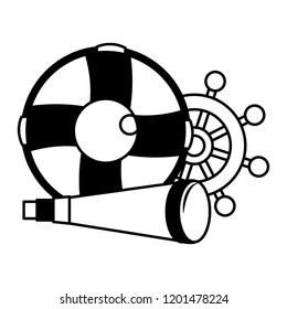 marine spyglass ship helm and lifebuoy