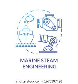 Marine steam engineering blue concept icon. Steering boat. Ship with steam powered engine. Water vessel maintenance idea thin line illustration. Vector isolated outline RGB color drawing