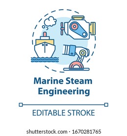 Marine steam engineering concept icon. Steering boat. Ship with steam powered engine. Water vessel maintenance idea thin line illustration. Vector isolated outline RGB color drawing. Editable stroke