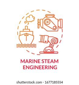 Marine steam engineering red concept icon. Steering boat with engine. Ship with steam powered engine. Water vessel maintenance idea thin line illustration. Vector isolated outline RGB color drawing