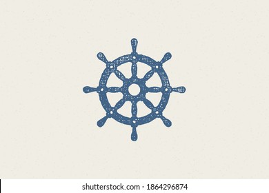 Marine steering wheel silhouette for logo hand drawn stamp effect vector illustration. Vintage grunge texture emblem for package and menu design or label decoration.