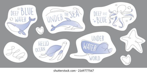 Marine sticker set One line. Underwater outline animals emblem. Line art ocean and sea life lettering collection. 