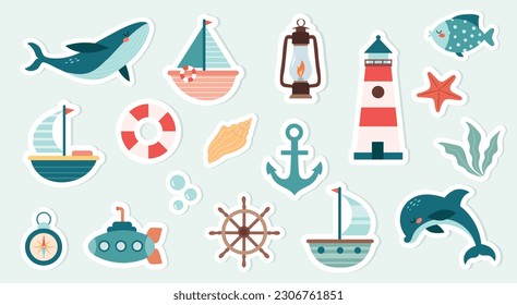 Сute marine stickers on a light background