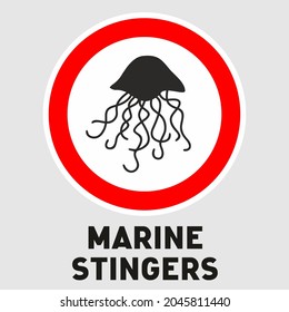 Marine stingers. Warning sign for dangerous jellyfish in tropical Australia. No Swimming - deadly poisonous fish. Prohibit sign for beach shore areas.