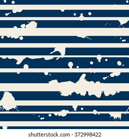 Marine stripe. Seamless pattern with blue and white stripes and spots of ink. Vector illustration