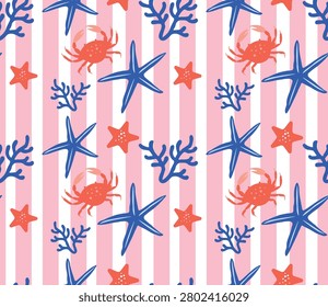 Marine Stripe Seamless Pattern with Starfish Crabs and Coral in Coastal Style