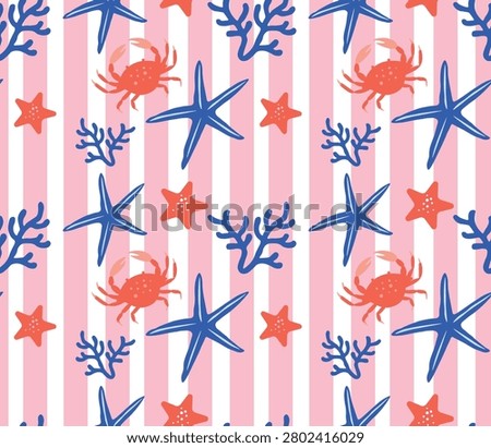 Marine Stripe Seamless Pattern with Starfish Crabs and Coral in Coastal Style