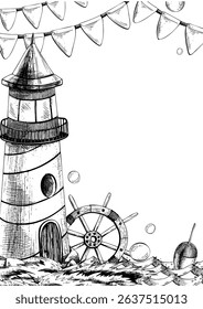 Marine striped lighthouse with ship s wheel and fishing float on water, with garlands of flags and bubbles. Watercolor hand-drawn illustration. Vertical frame, empty template for text