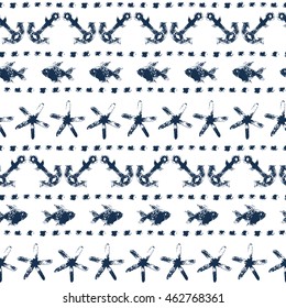 Marine striped seamless pattern with anchors, fishes, starfishes, dots in navy blue and white, vector background