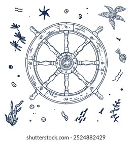 The marine style of the engraving and the marine element. Rudder. The ship's wheel.