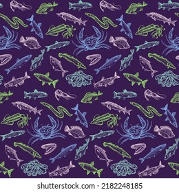 Marine style graphic seamless pattern with fish and crustaceans, vector sketch style pattern suitable for textile and web backdrop