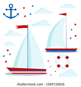 Marine style icon set of blue and red sailboats with one and two sails, clouds, stars, anchor, lifebuoy isolated on white background. Vector flat cartoon style illustration. Children design elements. 