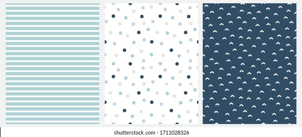 Marine Style Seamless Vector Patterns with Arrows, Dots and Stripes Isolated on a White, Mint Blue and Navy Blue Background.Simple Geometric Repeatable Design.Cute Striped Print. Dotted Backdrop.