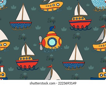 Marine and Submarine seamless pattern with cartoon boats on white background. Cute ships in Scandinavian style on a white background. Fishing boat vector illustration. Vector hand-drawn.