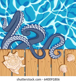 Marine summer background with water, shells and tentacles of an octopus. Vector illustration.