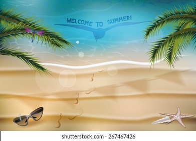 Marine summer composition with the palm tree branches