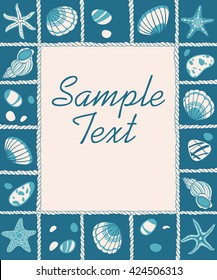 Marine summer frame with sea rope, star fish, sea shells and sea stones.  Hand drawn vector illustration