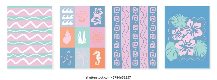 Marine summer pattern collection with waves, shells, seahorse, coral, hibiscus flowers and tropical coastal backgrounds vector set.