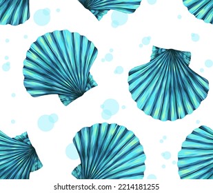 marine summer pattern. shiny iridescent seashells on a white background. blue-green gradient. vector seamless print for swimwear, textile