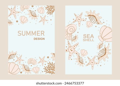 Marine summer posters with seashells. Nautical summer banner template design with starfish and corals on pastel background. Summer holiday and vacation concept with marine life elements. Vector.