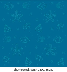 Marine, summer seamless pattern with linear fish, shells, starfish and bubbles color biscay green on a classic blue background. Vector background - inhabitants of the ocean.