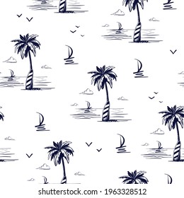 Marine summer seamless vector pattern. Sports yacht sails in the ocean waves. Beautiful palm tree and surfboard, tourists Paradise