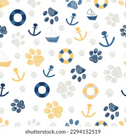 Marine summer time symbols with paw prints seamless fabric design II