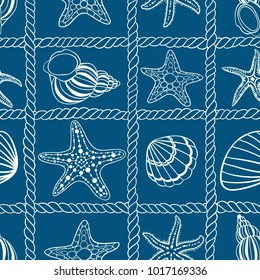 Marine summer vector seamless pattern with starfish and waves.