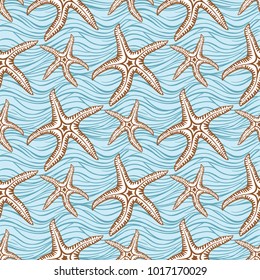 Marine summer vector seamless pattern with starfish and waves.