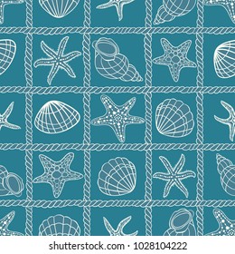 Marine summer vector seamless pattern with ropes, starfish and s