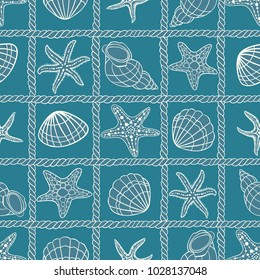 Marine summer vector seamless pattern with ropes, starfish and seashells.