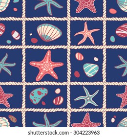 Marine summer vector seamless pattern with ropes, starfish, sea stones and sea shells