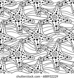 Marine summer vector seamless pattern with starfish, black and white illustration for coloring book.