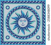 Marine sun mosaic tile pattern with wave border for ceramic tiles, wall panels, floor decor, bathroom and kitchen. Vector for web and print.