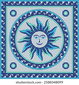 Marine sun mosaic tile pattern with wave border for ceramic tiles, wall panels, floor decor, bathroom and kitchen. Vector for web and print.